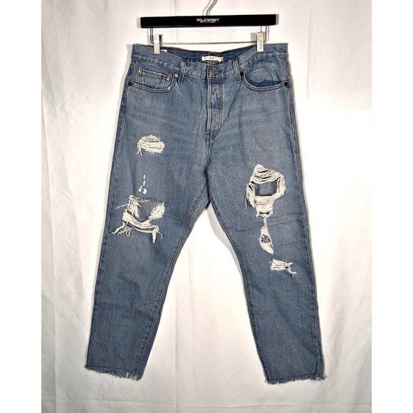 Levis Jeans Women 32 Blue Wedgie Straight Button Fly Cheeky Mom Distressed Big E - Picture 1 of 7
